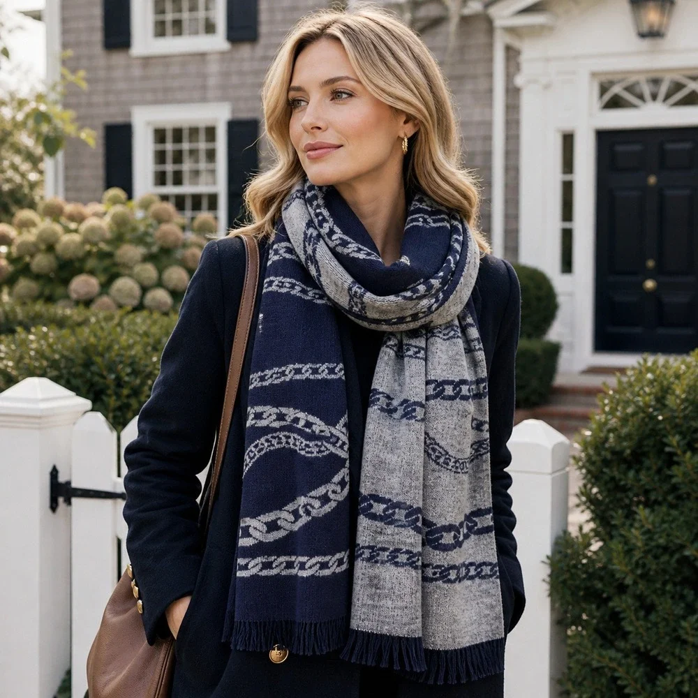 Preppy‎ Coastal Knit Scarf Blue Gray Nautical Chain Reversible Knit Classic Chic
